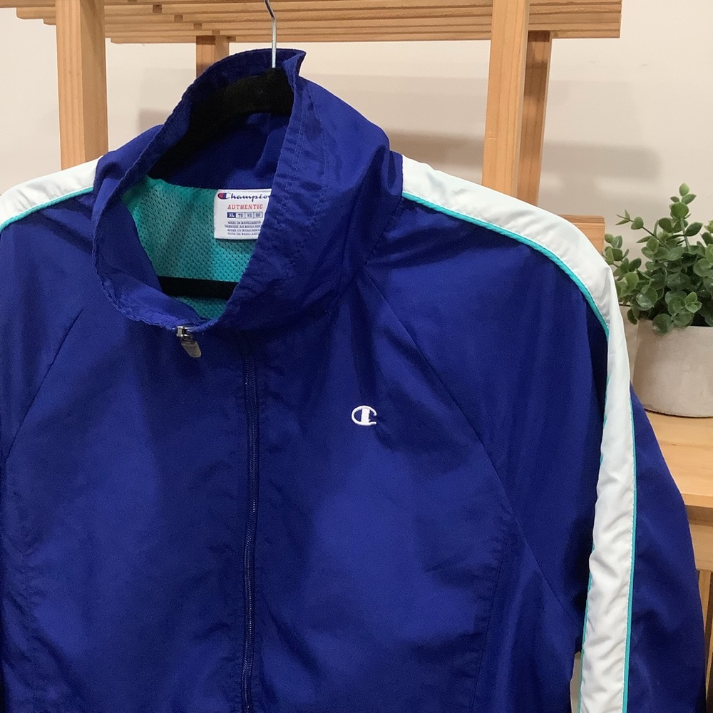 Vintage Y2K Champion Blue Teal White Colour Block Zippered Jacket Size XL - Picture 2 of 13